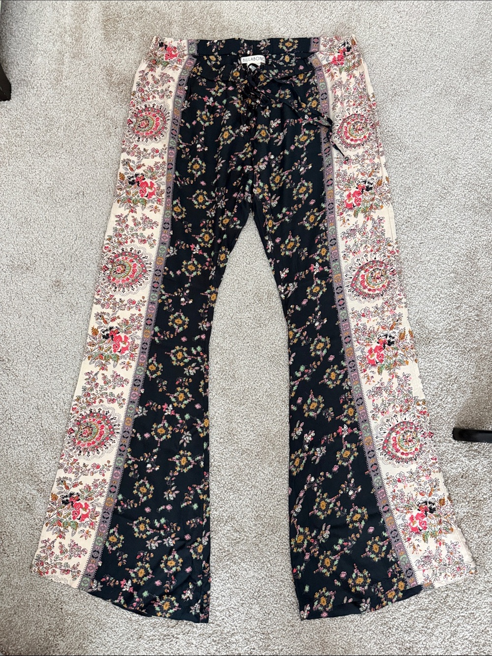 Billabong Black and Cream Floral Panel Flare Pants